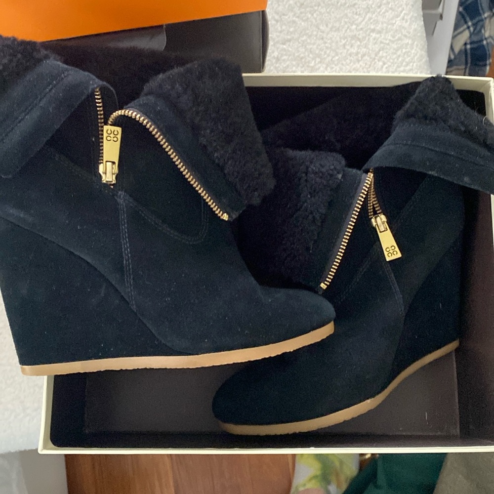Coach suede and shearling wedge bootie